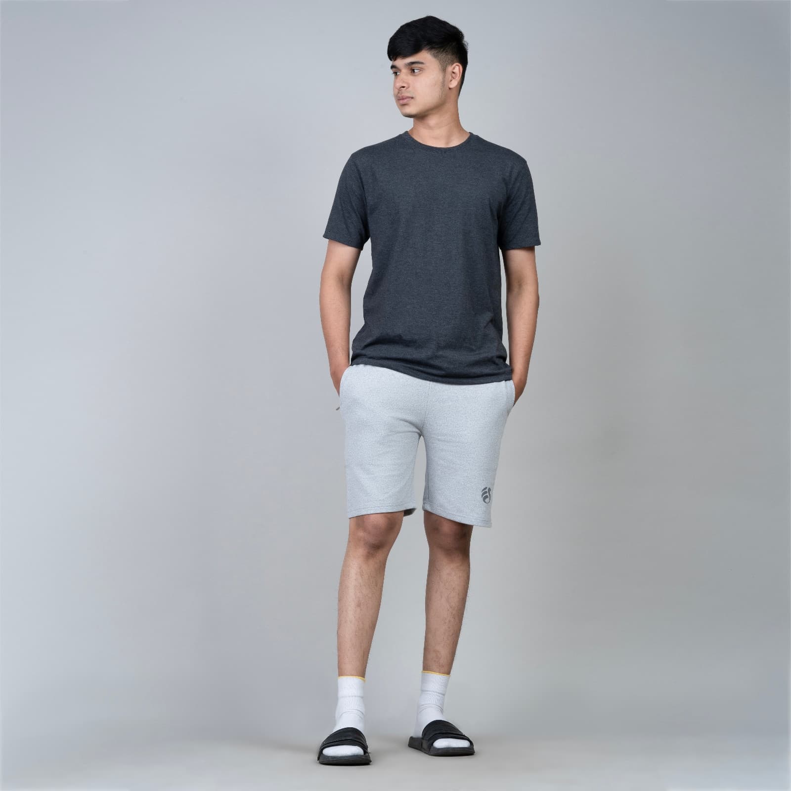 Single Zip Light Grey Color Men Cotton Shorts
