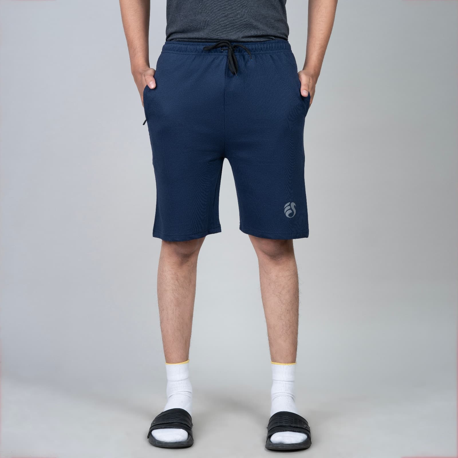 Single Zip Ink Blue Color Men Cotton Shorts