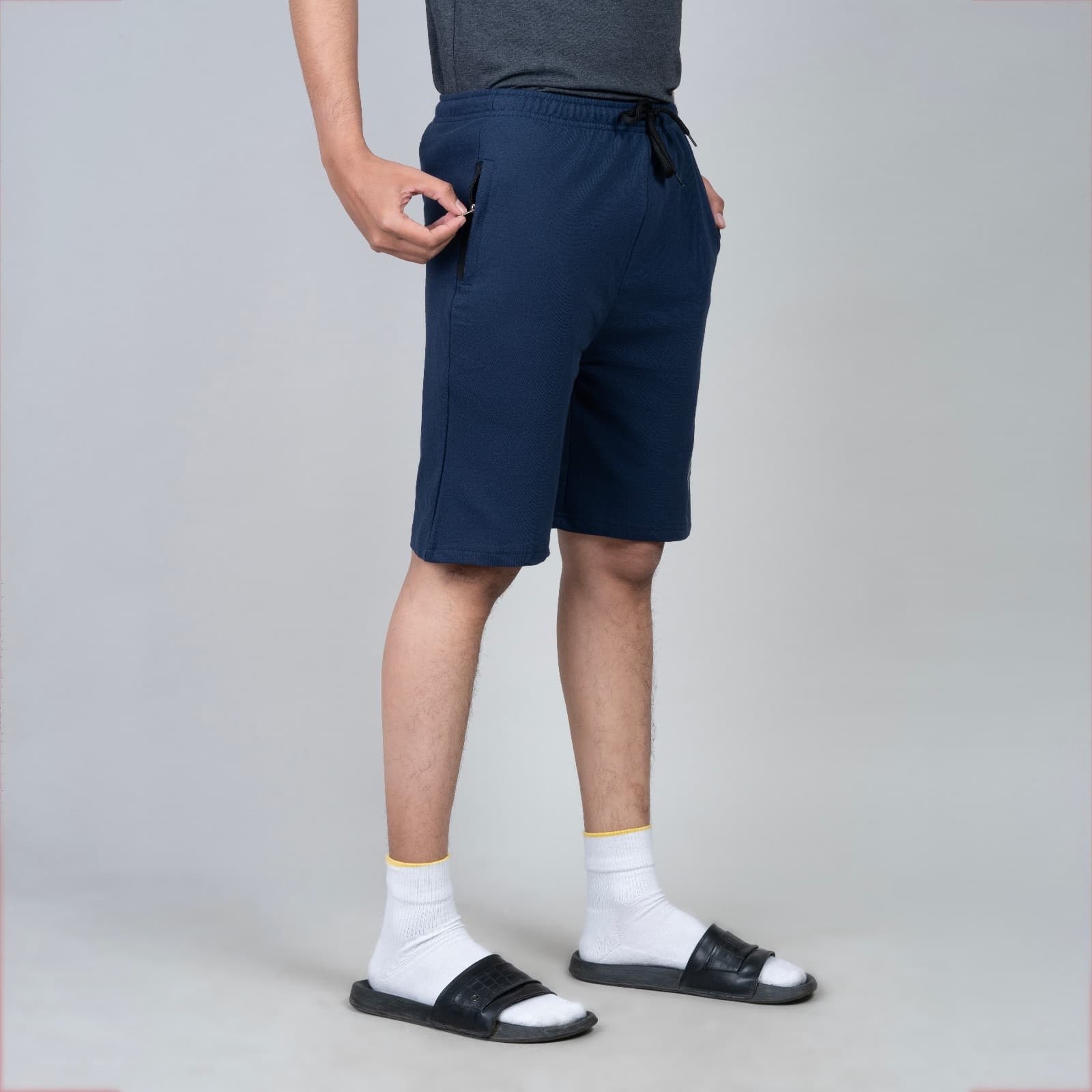 Single Zip Ink Blue Color Men Cotton Shorts