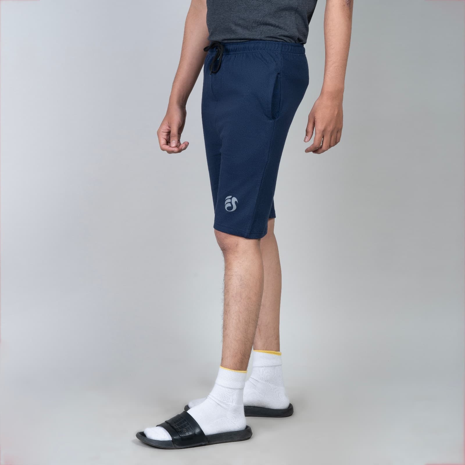 Single Zip Ink Blue Color Men Cotton Shorts