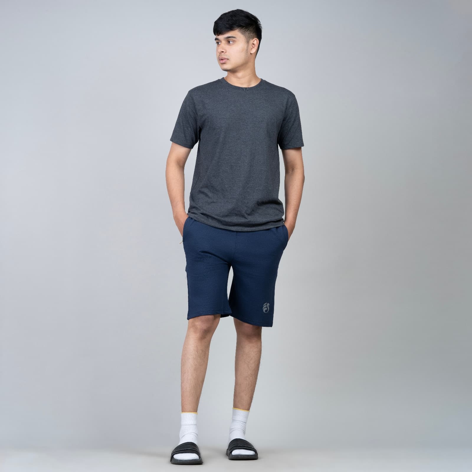 Single Zip Ink Blue Color Men Cotton Shorts