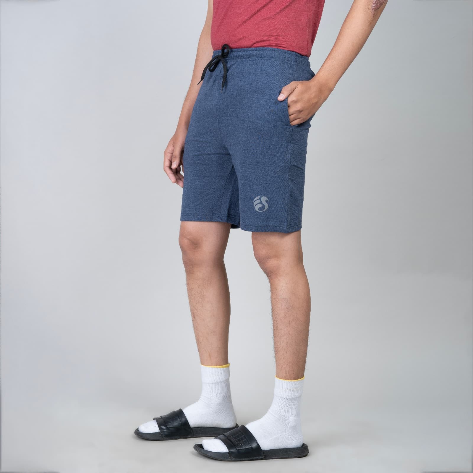 Single Zip Blue Color Men Cotton Shorts