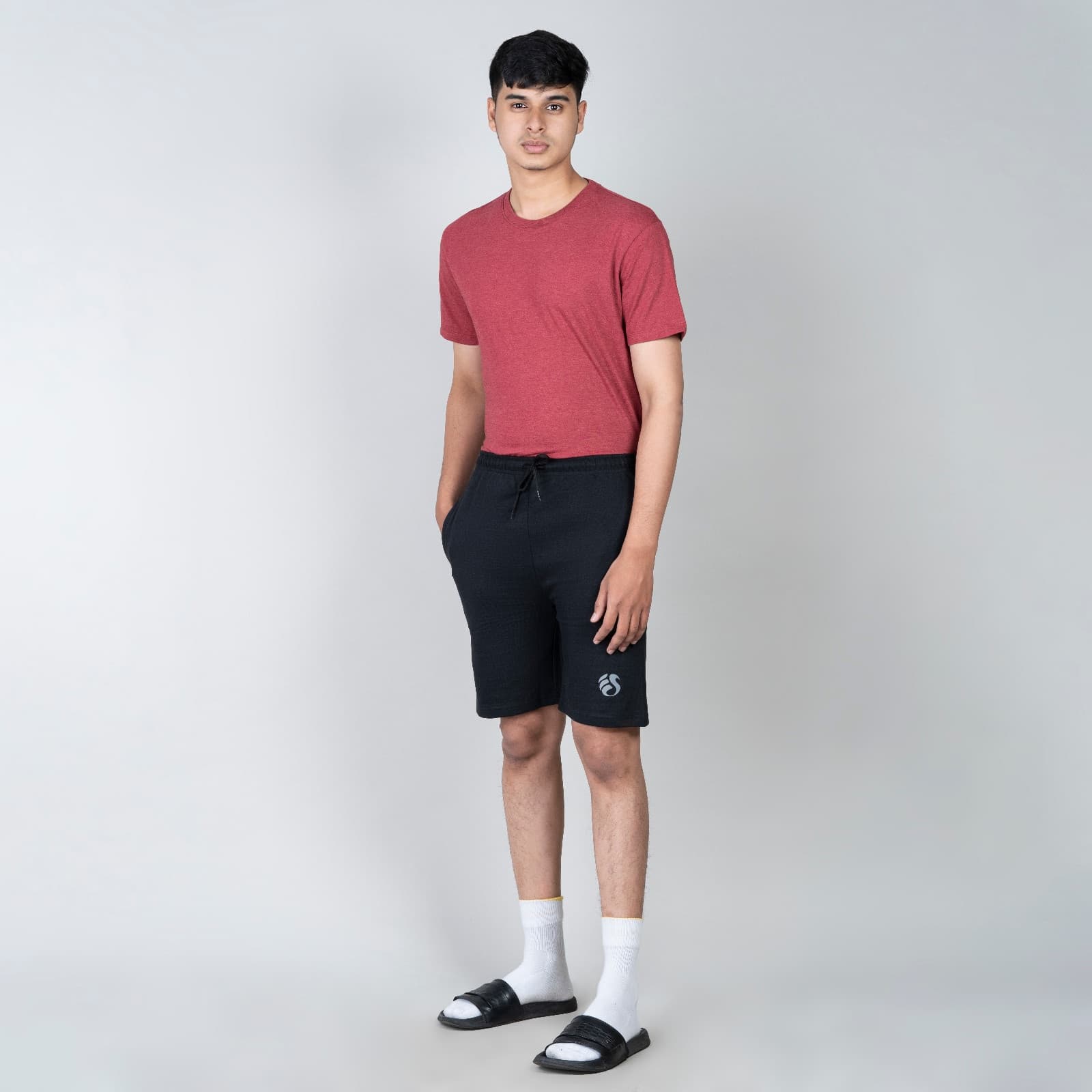 Single Zip Black Color Men Cotton Shorts