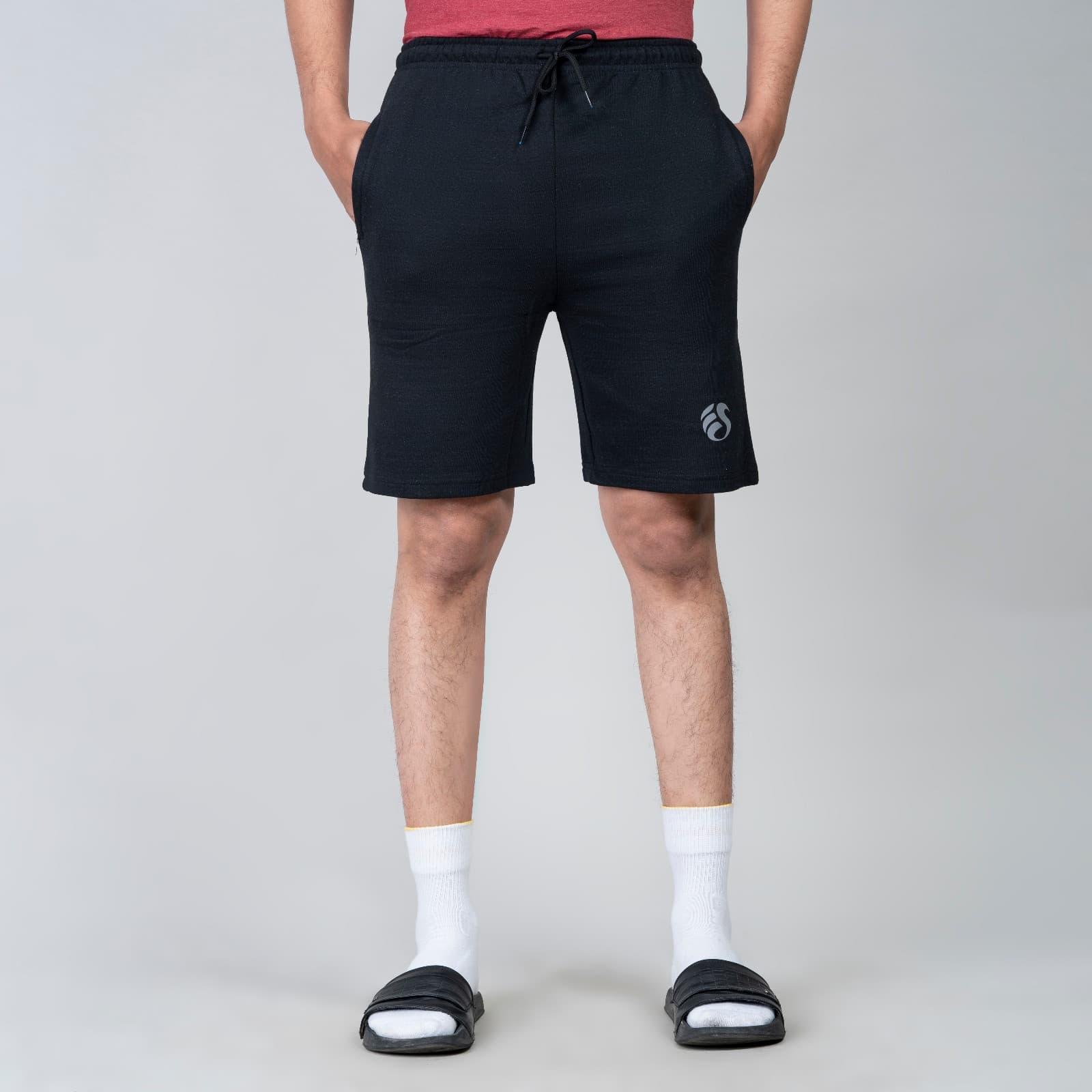 Single Zip Black Color Men Cotton Shorts