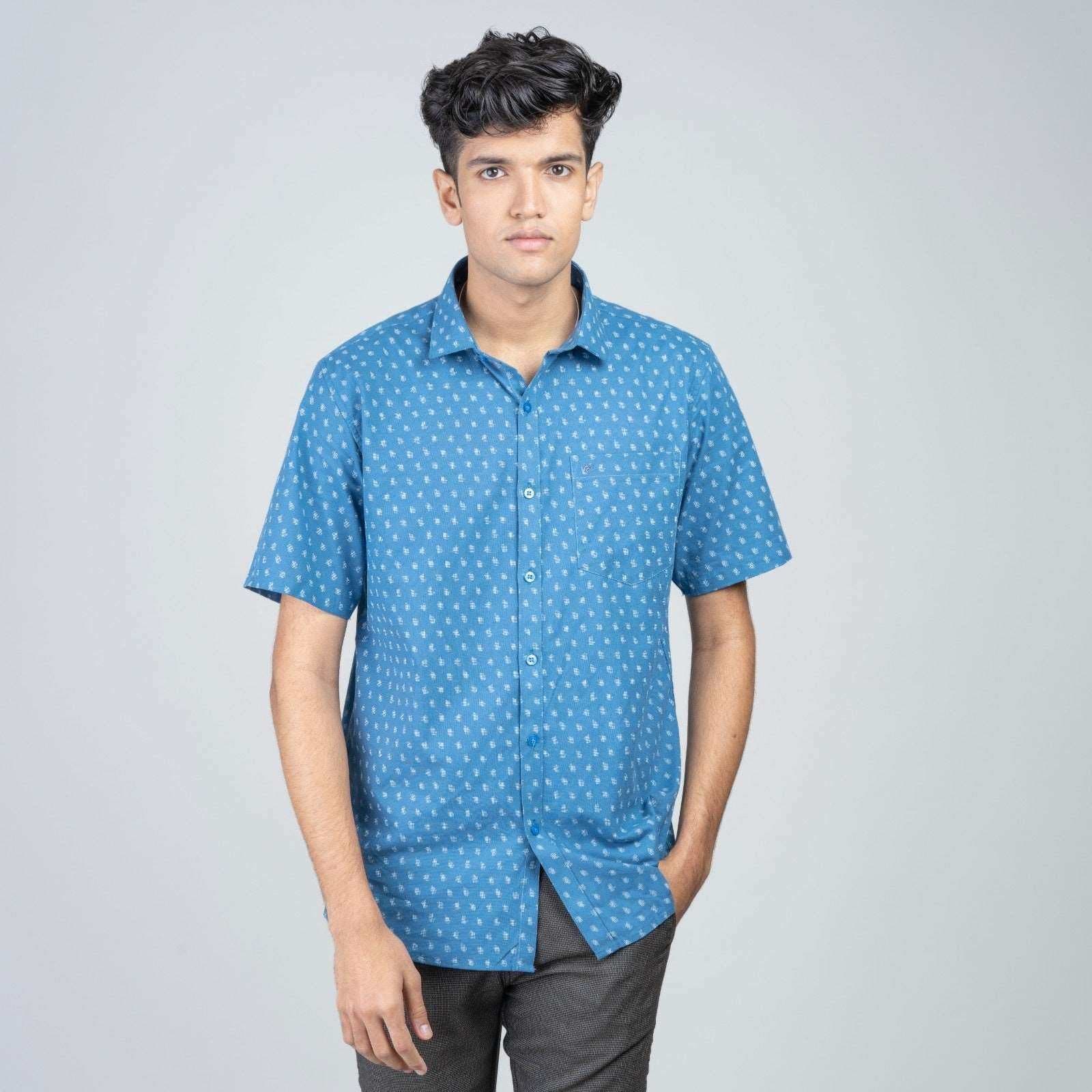 Cotton Slim Fit Half Shirt - Blue print