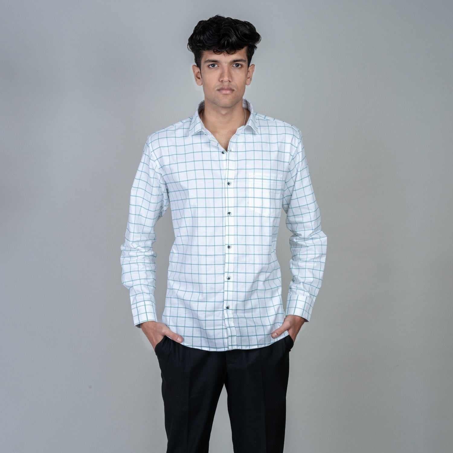 Cotton Regular Full Shirt - White and Green Checks