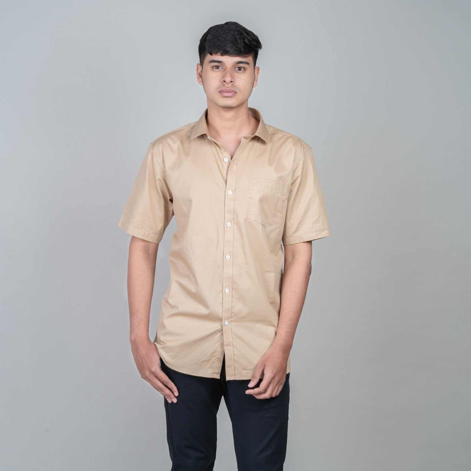 Cotton Slim Fit Half Shirt - Light Brown