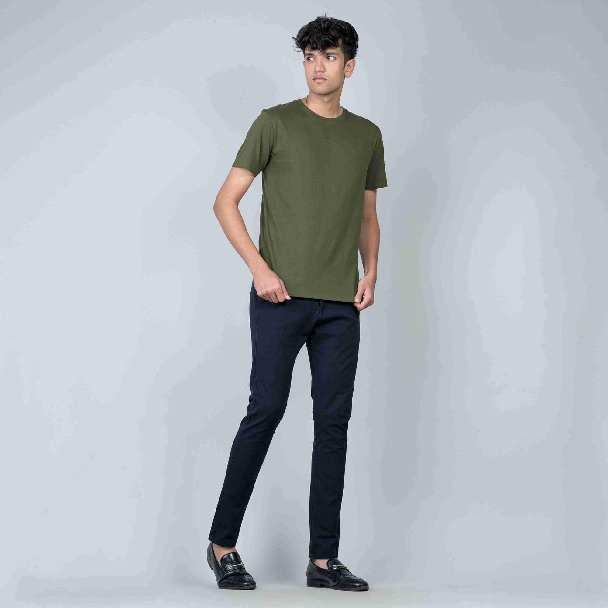 Cotton Slim Round Neck T-Shirt - Olive Green