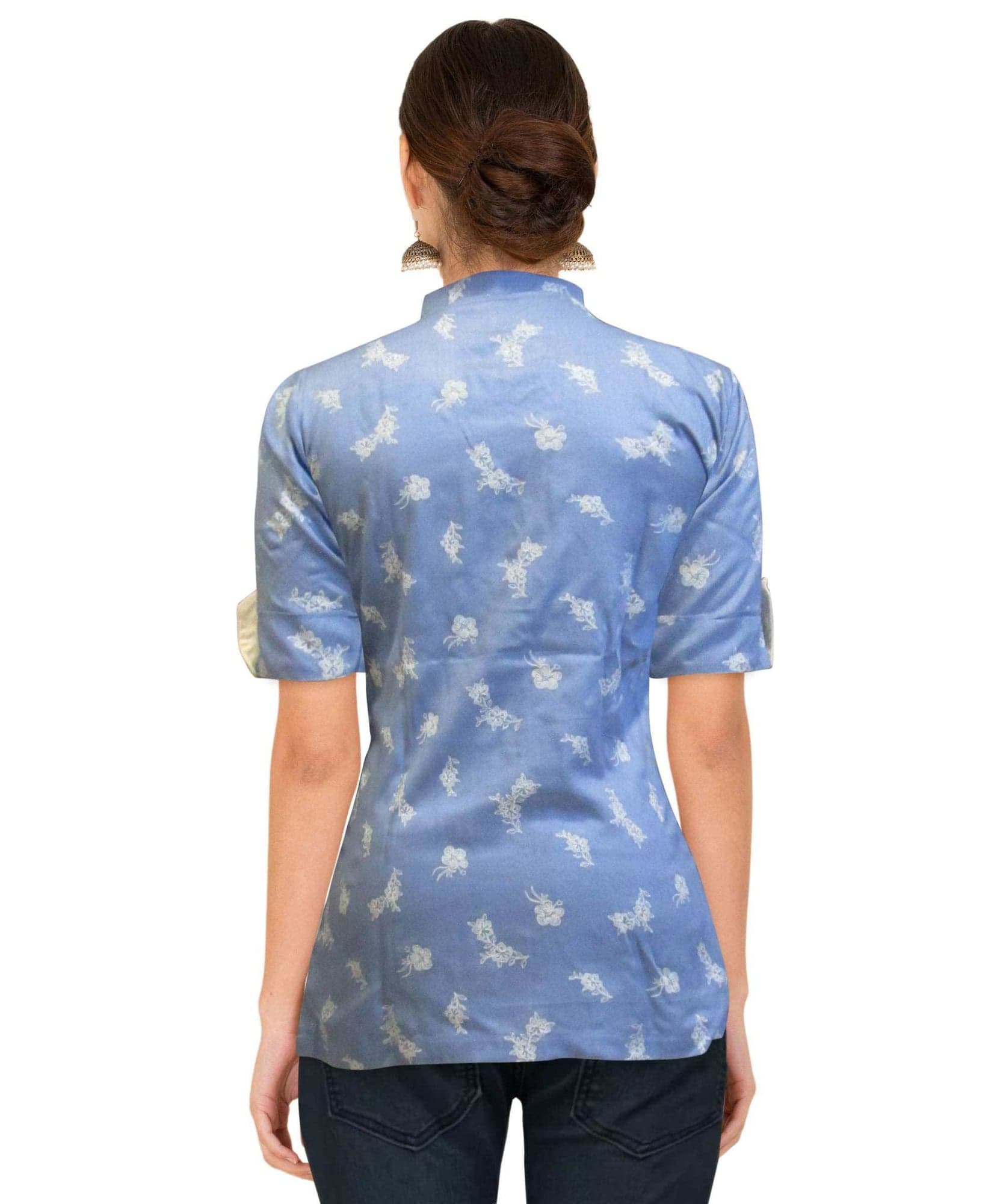 Closed Collar Blue Short Top With White Flower Motifs eSiddhi
