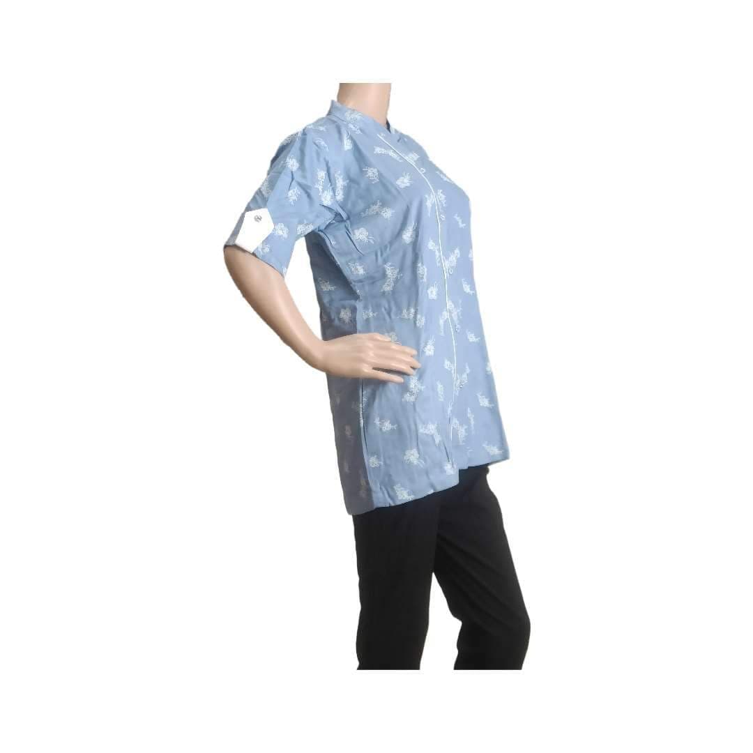 Closed Collar Blue Short Top With White Flower Motifs eSiddhi