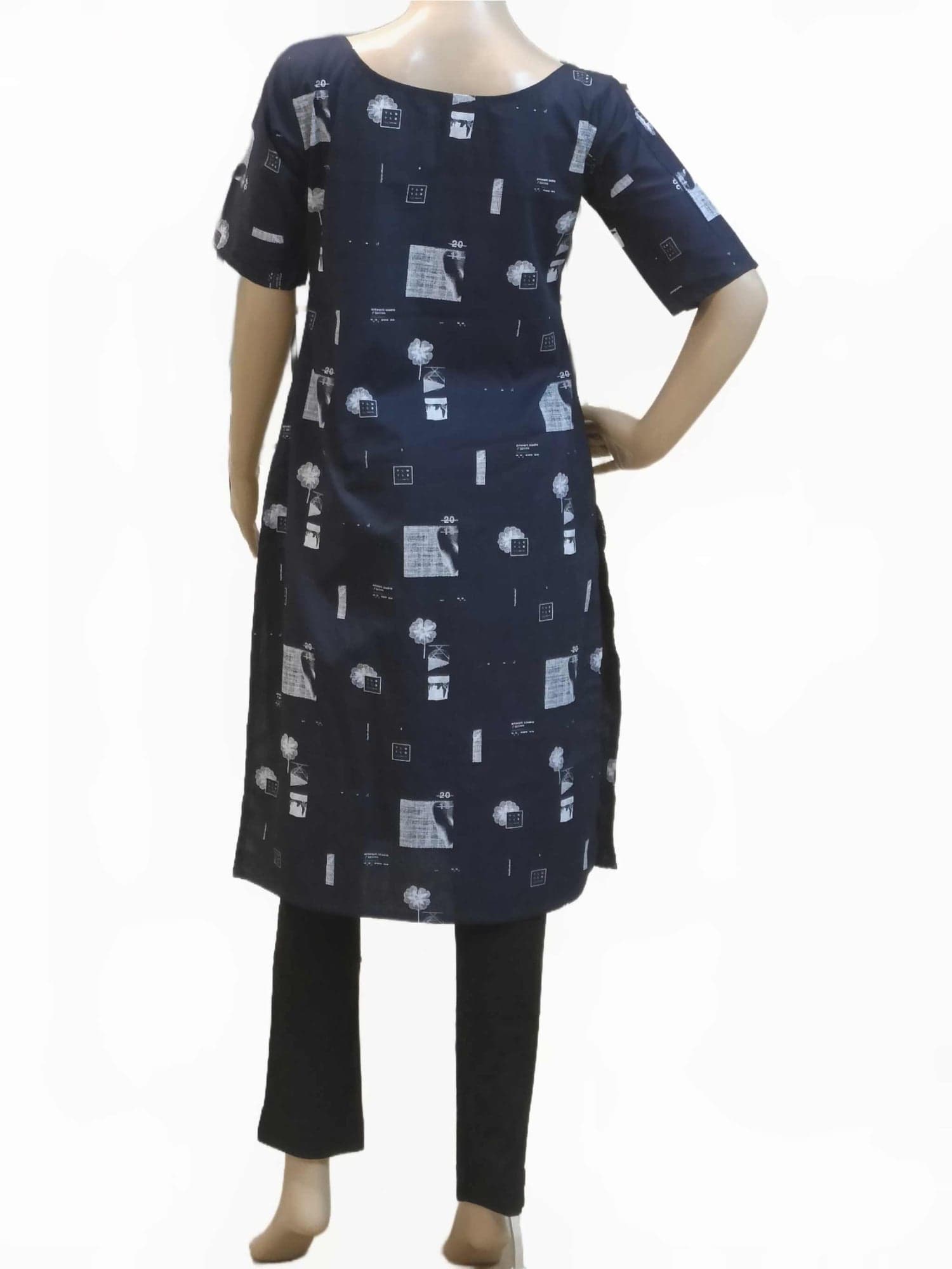 Blue Cotton Kurti with geometric shapes design - short sleeves eSiddhi
