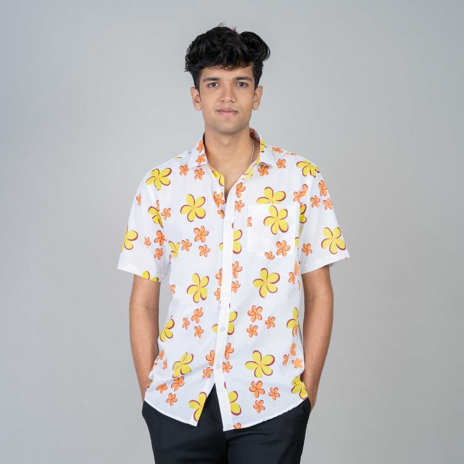 Cotton Slim Fit Half Shirt - cream floral print