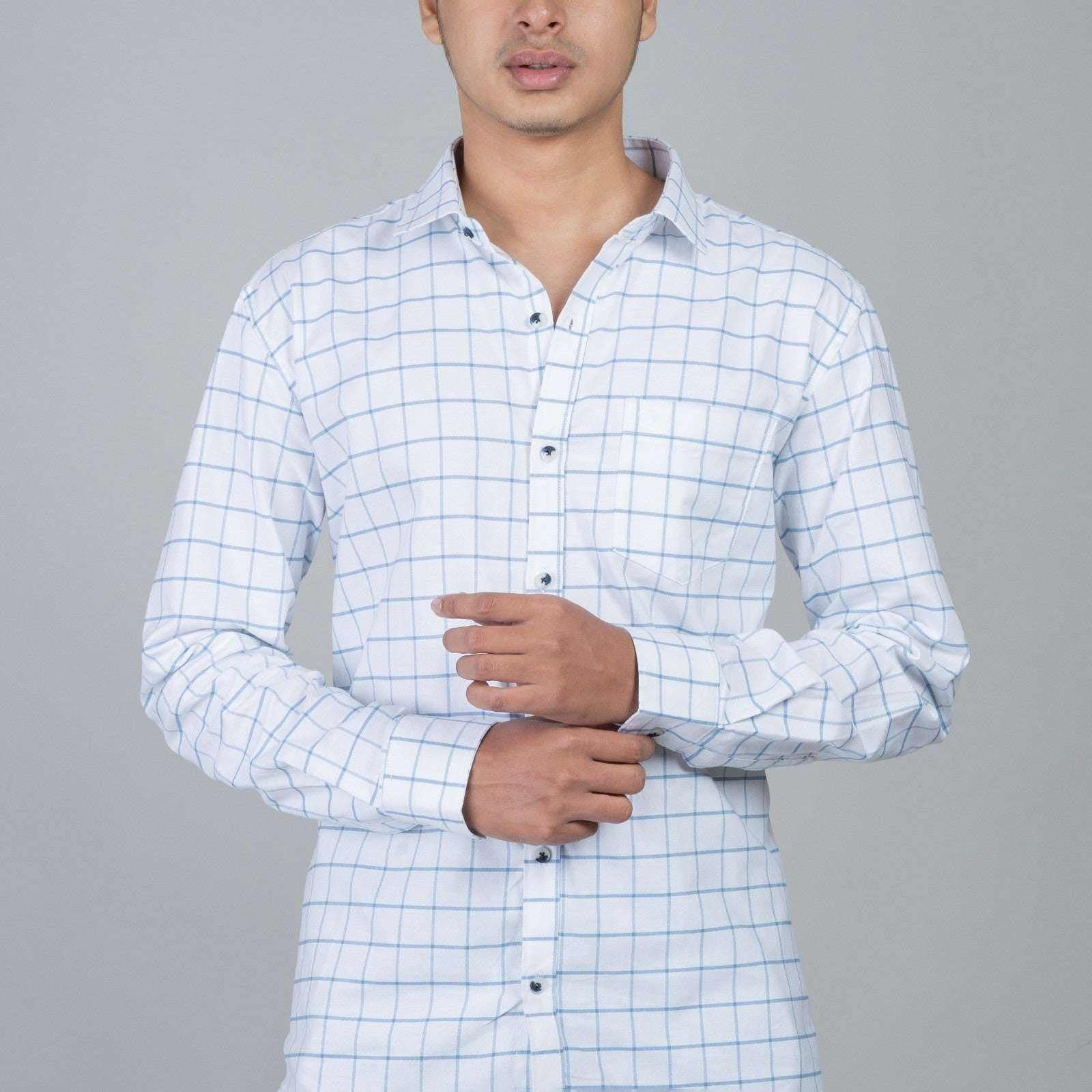 Cotton Regular Full Shirt - White and Blue Checkered