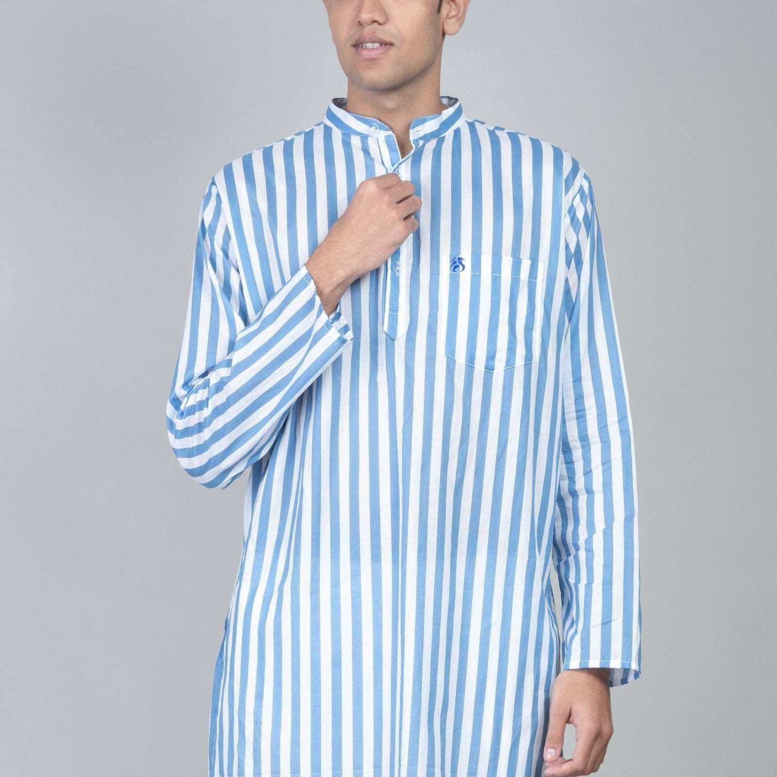 Casual Long Kurta for men - White and Blue Stripes