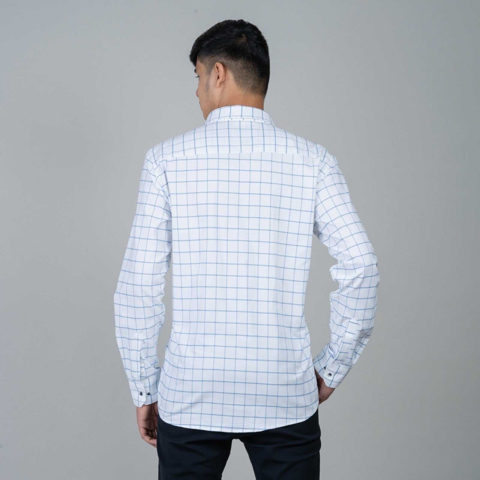 Cotton Regular Full Shirt - White and Blue Checkered