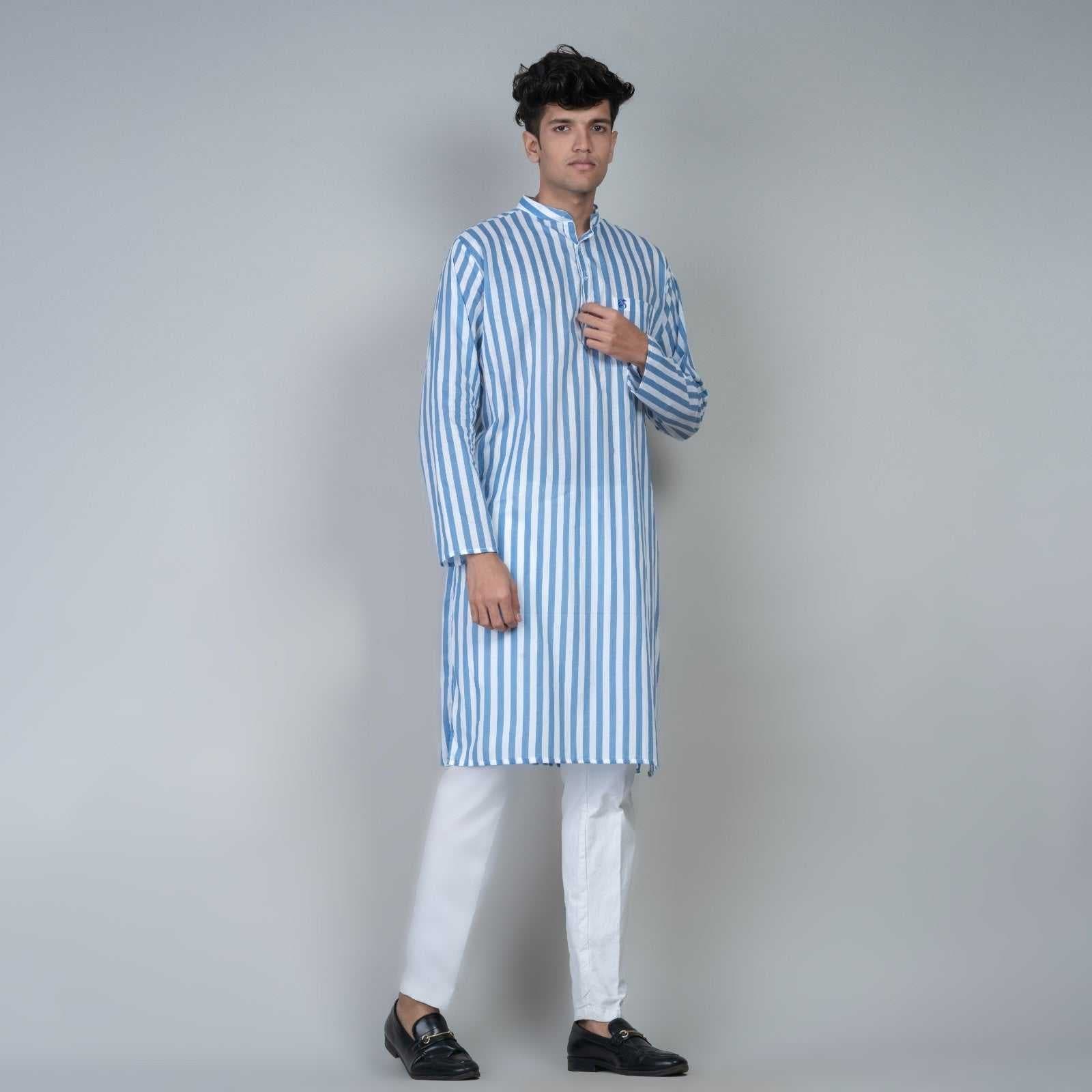 Casual Long Kurta for men - White and Blue Stripes